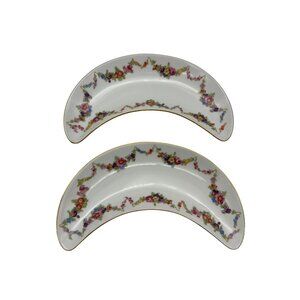 Schumann Arzberg Bavaria Floral Garland Crescent Bone Dishes Pair 8in Gold Rim